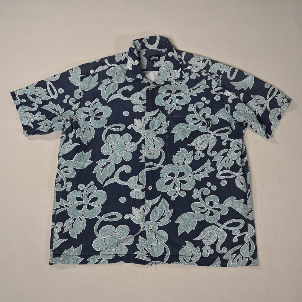 Vintage STUSSY Shirt Mens Large Floral Hawaiian Loop Collar Button Up